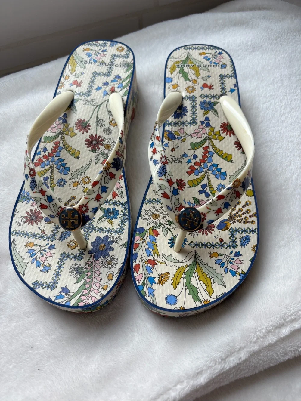 Tory Burch Cream Floral Print Flip Flop Sandals with Blue Accents